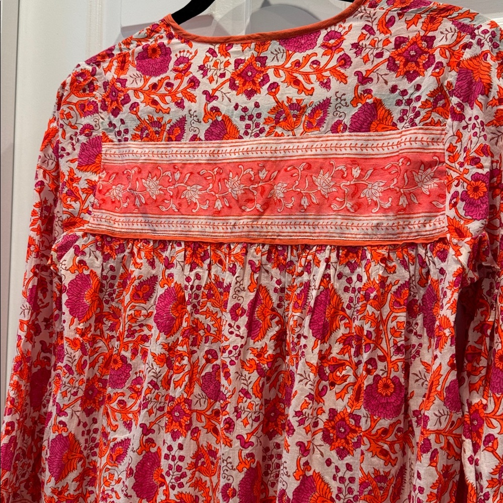 SZ Blockprints 100% Cotton Tunic Dress Tassels Pink Orange Women coverup resort - Picture 3 of 7